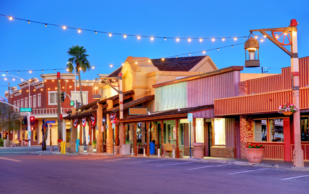 10 Old Town Scottsdale street with shops and string lights